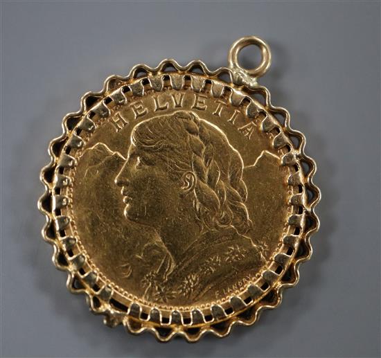A 1922 French 20 Franc gold coin, in pendant mount